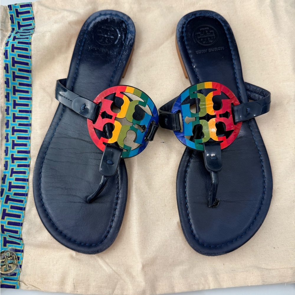 Tory Burch Navy Sandals with Colorful Logo